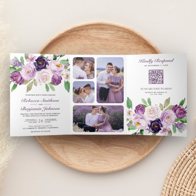 Rustic Purple Floral All in One QR Code Wedding Tri-Fold Invitation (Creator Uploaded)