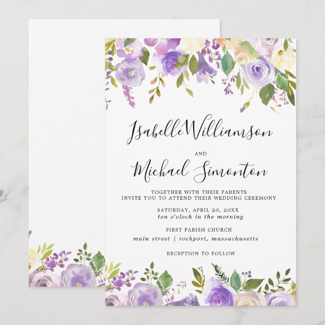 Rustic Purple Floral Botanical Wedding Invitation (Front/Back)