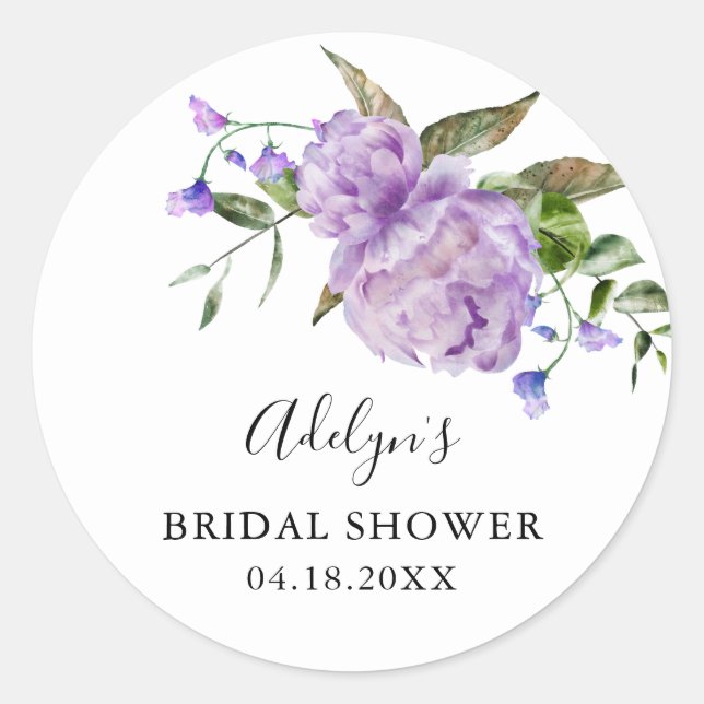 Rustic Purple Floral Bridal Shower Favour   Classic Round Sticker (Front)