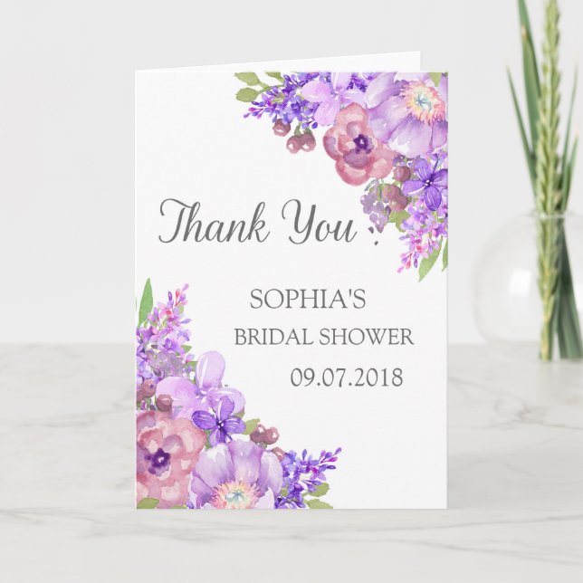Rustic Purple Floral Bridal Shower Thank You Card (Front)