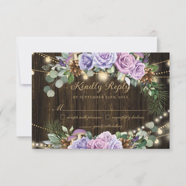 Rustic Purple Floral Enchanted Forest Quinceañera  RSVP Card (Front)