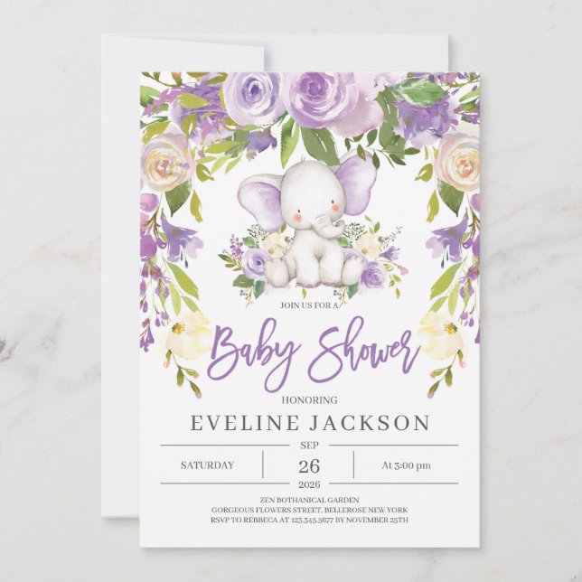 Rustic purple floral girl elephant baby shower invitation (Front)