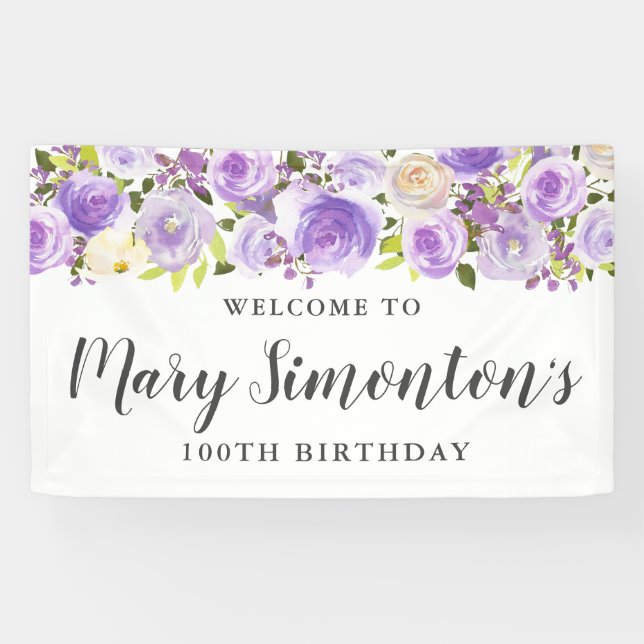 Rustic Purple Floral Greenery 100th Birthday  Banner (Horizontal)