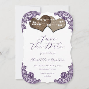 Rustic Purple Floral Lace Burlap Hearts Wedding Save The Date