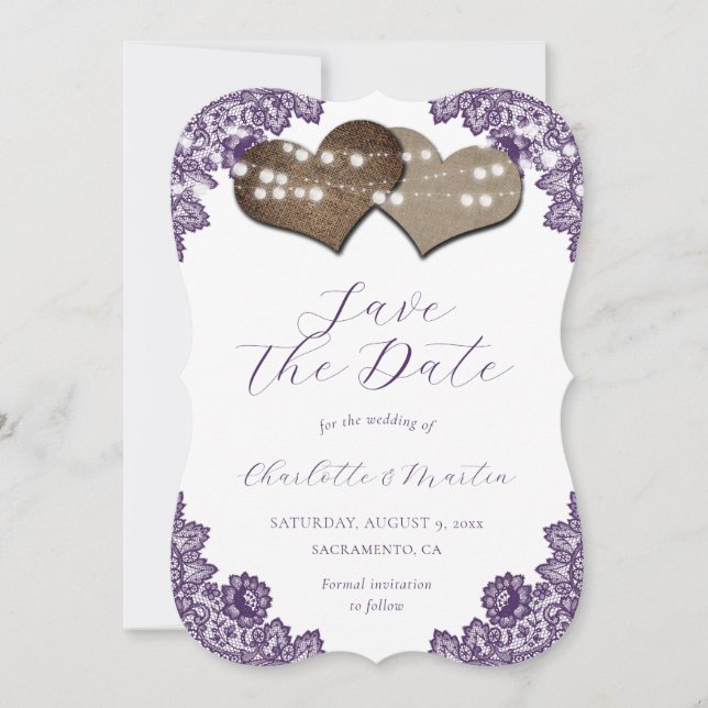 Rustic Purple Floral Lace Burlap Hearts Wedding Save The Date (Front)
