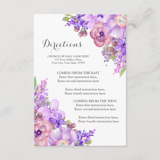 Rustic Purple Floral Lilac Wedding Direction Enclosure Card (Front)