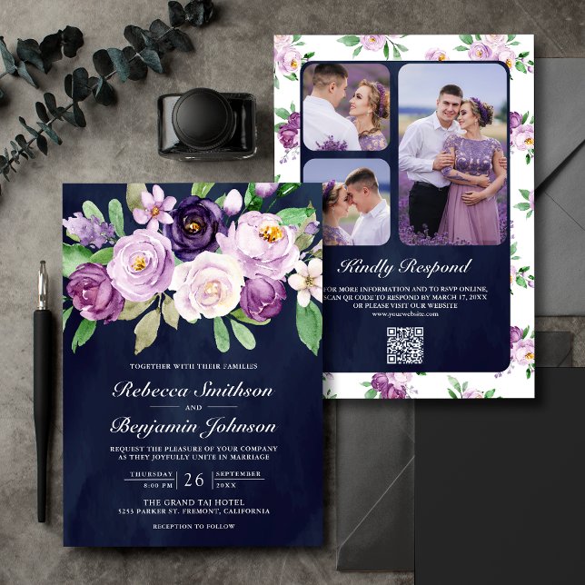 Rustic Purple Floral Navy Blue QR Code Wedding Invitation (Creator Uploaded)