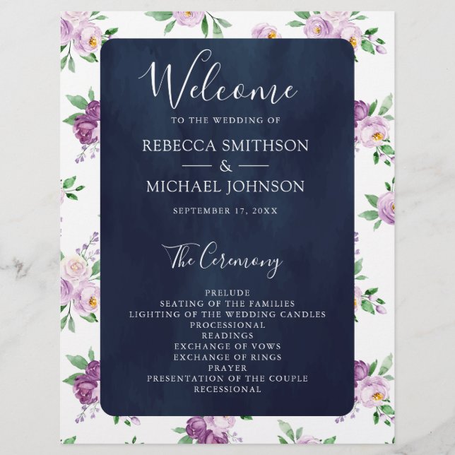 Rustic Purple Floral Navy Blue Wedding Program (Front)