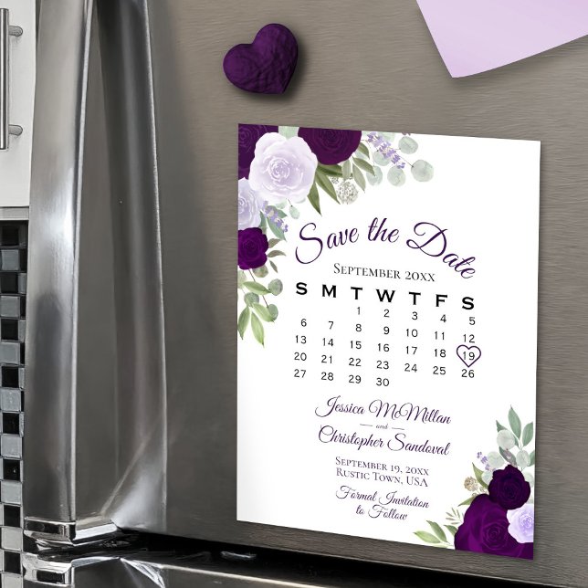 Rustic Purple Floral Save the Date Calendar Magnet (On Refrigerator)