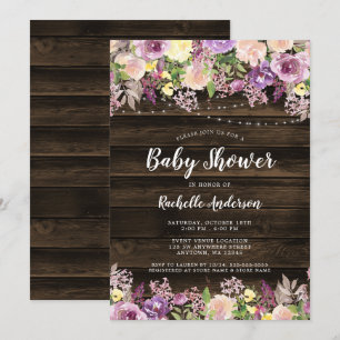 Rustic Purple Floral String Light Girl Baby Shower Invitation