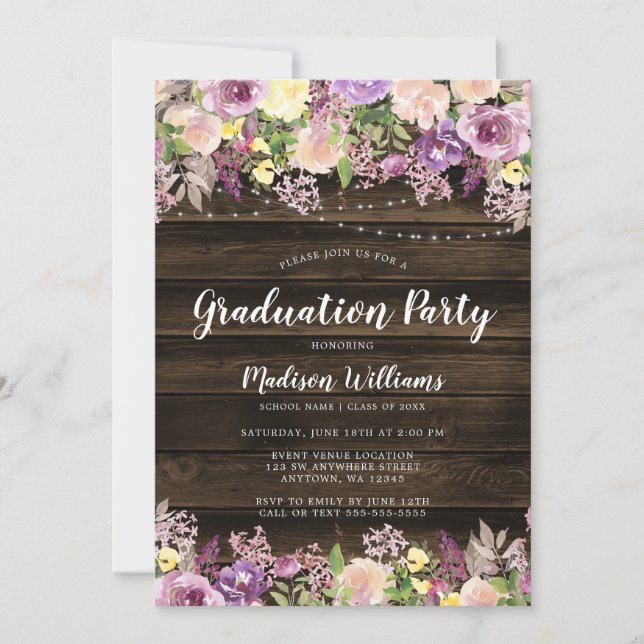Rustic Purple Floral String Light Graduation Party Invitation (Front)