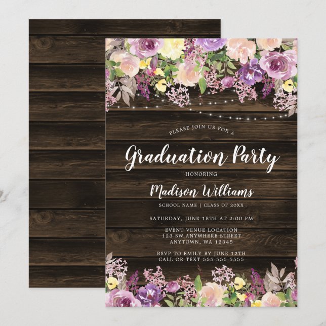 Rustic Purple Floral String Light Graduation Party Invitation (Front/Back)