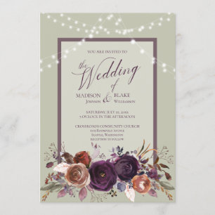 Rustic Purple Floral String Light Green Wedding Invitation