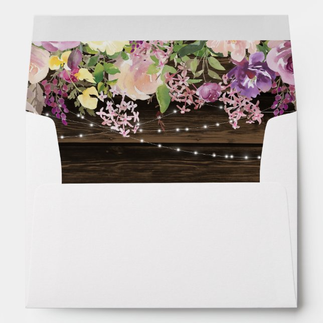 Rustic Purple Floral String Lights Return Address Envelope (Back (Bottom))
