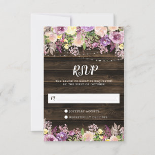 Rustic Purple Floral String Lights RSVP Card