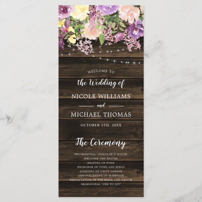 Rustic Purple Floral String Lights Wedding Programme (Front)