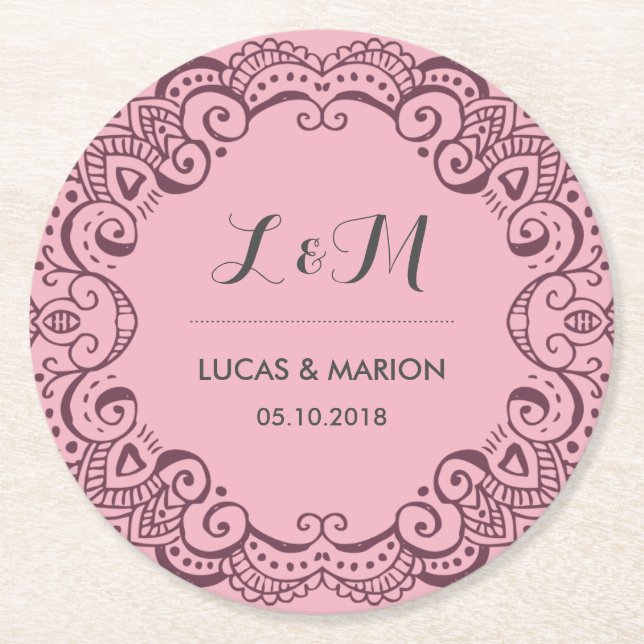 Rustic Purple Floral Swirl Ornament Wedding Party Round Paper Coaster (Front)