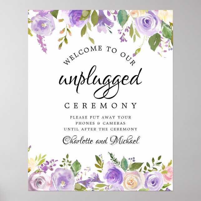 Rustic Purple Floral Unplugged Wedding Sign (Front)