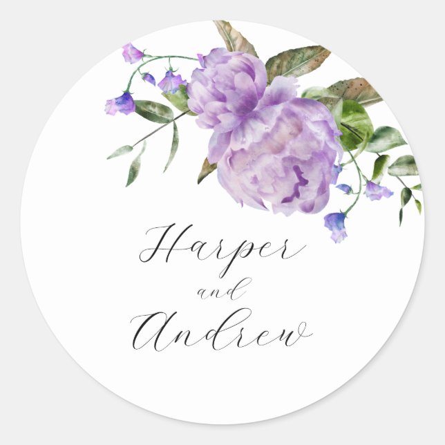 Rustic Purple Floral Wedding Favour   Classic Round Sticker (Front)