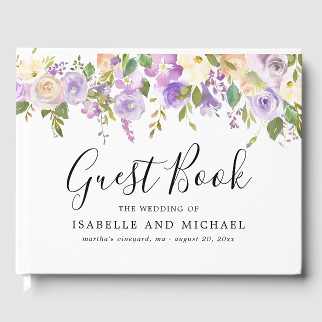 Rustic Purple Floral Wedding Guest Book (Front)