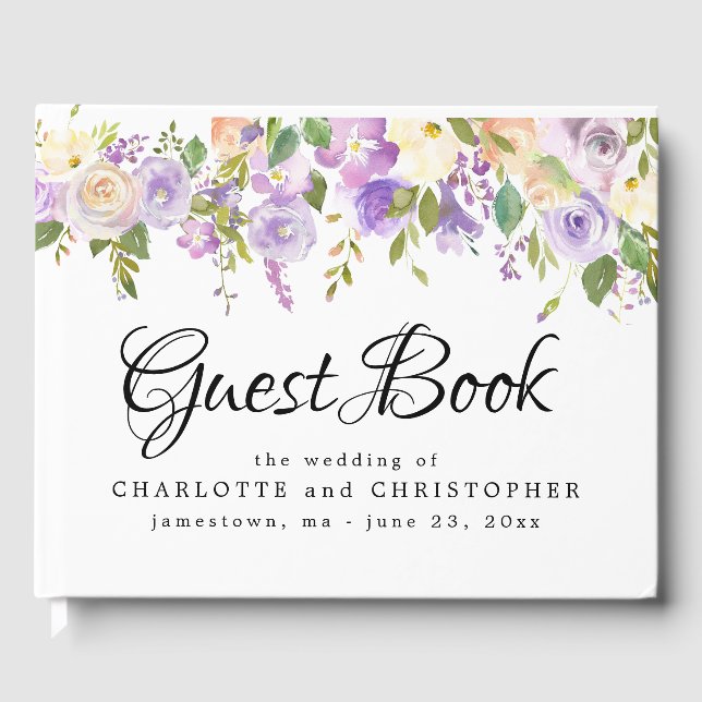 Rustic Purple Floral Wedding Guest Book (Front)