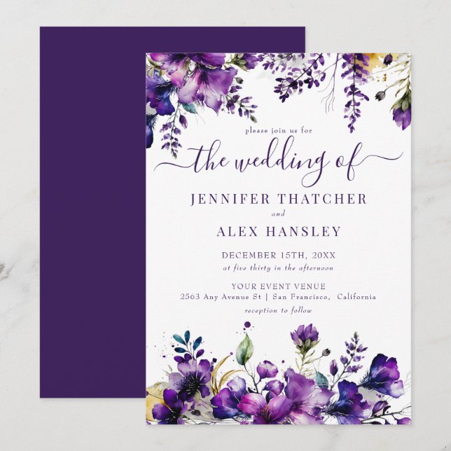 Rustic Purple Floral Wedding Invitation (Front/Back)