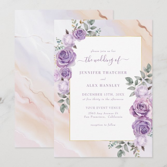 Rustic Purple Floral Wedding Invitation (Front/Back)