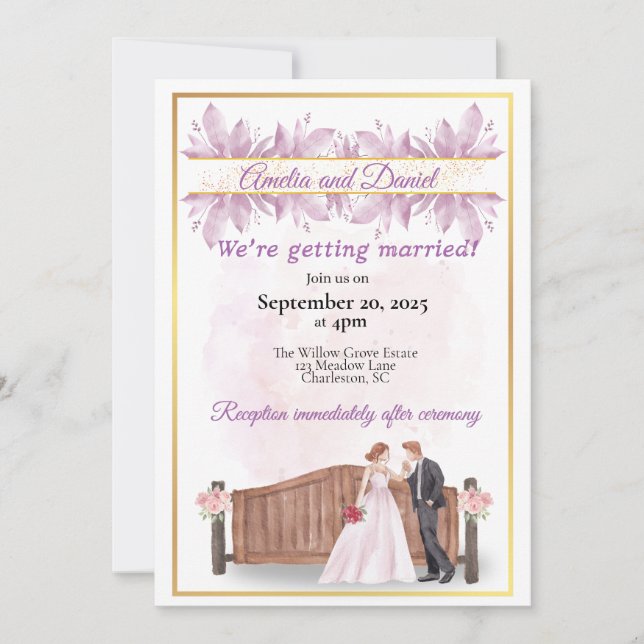 Rustic Purple Floral Wedding Invitation (Front)