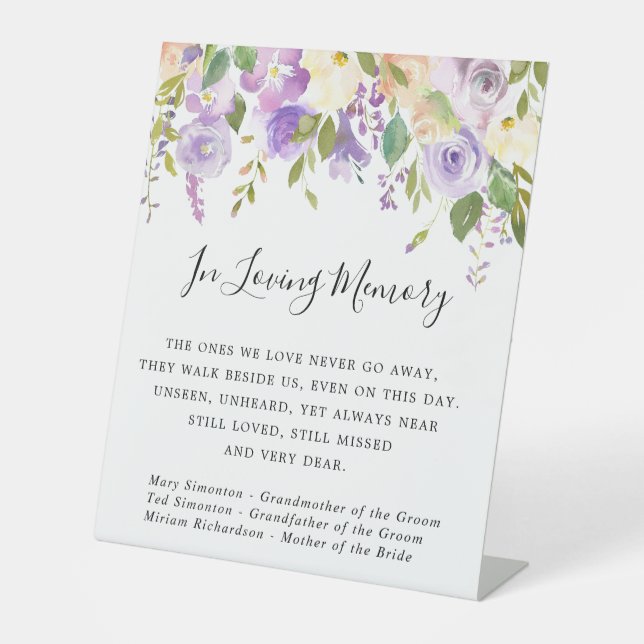 Rustic Purple Floral Wedding Memorial Pedestal Sign (Front)