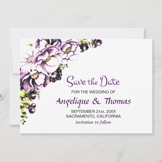 Rustic Purple Floral Wedding Save The Date (Front)