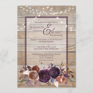 Rustic Purple Floral Wood String Light Wedding Invitation