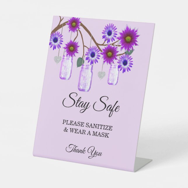 Rustic Purple Flowers Mason Jar Wedding Safety Pedestal Sign (Front)