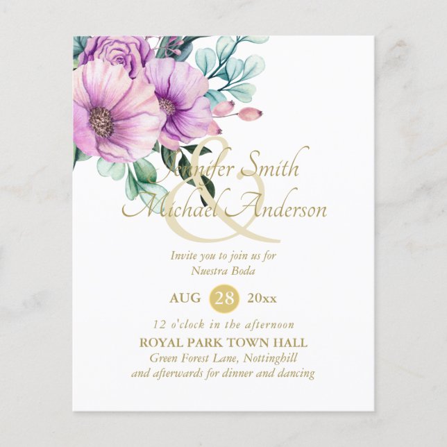 Rustic Purple Flowers Nuestra Boda Invitacions (Front)