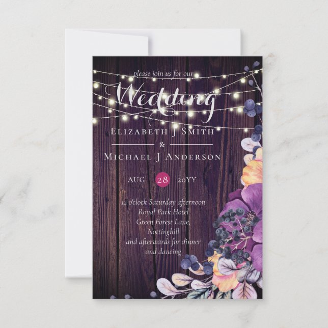 Rustic Purple Flowers Orange Wedding Invites (Front)