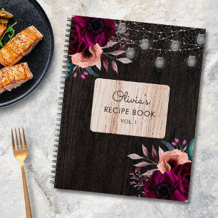 Rustic Purple Flowers Wood Light Recipe Cookbook Notebook