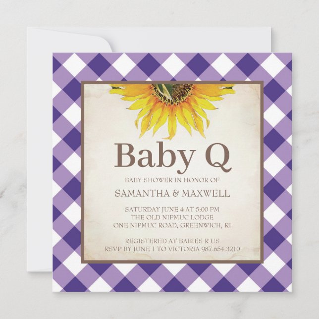 Rustic Purple Gingham Chequered Baby Shower Invitation (Front)