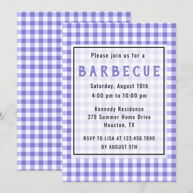Rustic Purple Gingham Farmhouse BBQ Party Invitation (Front/Back)