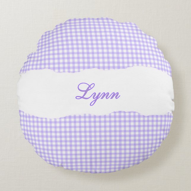 Rustic Purple Gingham Personalized Name Round Cushion (Front)