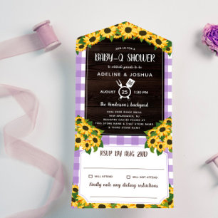 Rustic Purple Gingham Sunflowers Baby-Q Shower All In One Invitation