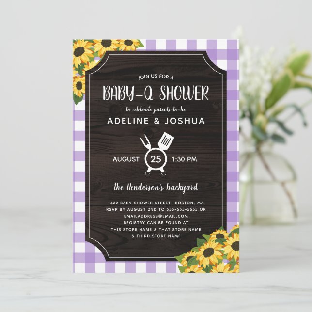 Rustic Purple Gingham Sunflowers Baby-Q Shower Invitation (Standing Front)