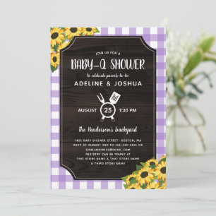 Rustic Purple Gingham Sunflowers Baby-Q Shower Invitation