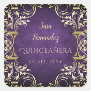 Rustic Purple Gold Elegant Quinceanera    Square Sticker