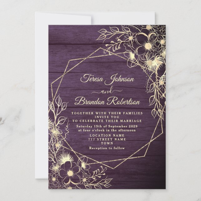 Rustic Purple Gold Floral Lace Wedding Invitation (Front)