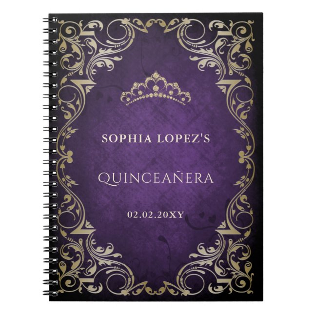 Rustic Purple Gold Princess Tiara Quinceanera    Notebook (Front)