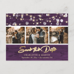 Rustic Purple Gold Wedding Photo Save The Date Announcement Postcard
