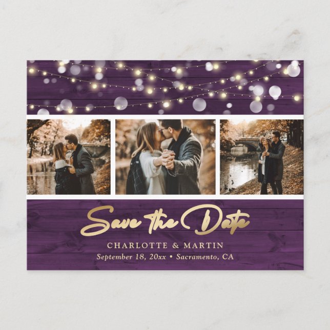 Rustic Purple Gold Wedding Photo Save The Date Announcement Postcard (Front)