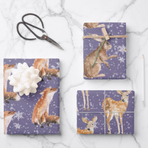 Rustic Purple Grape Elegant Snowy Winter Animals Wrapping Paper Sheet