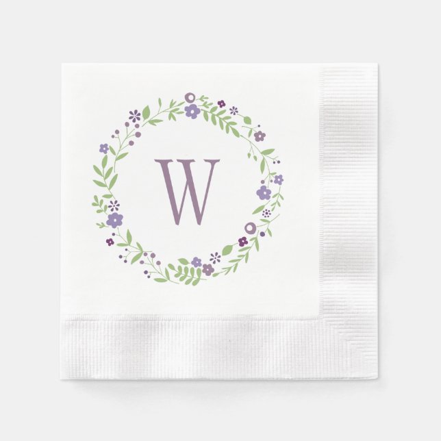 Rustic Purple Green Floral Wreath Wedding Monogram Napkin (Front)
