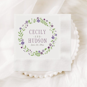 Rustic Purple Green Floral Wreath Wedding Napkin