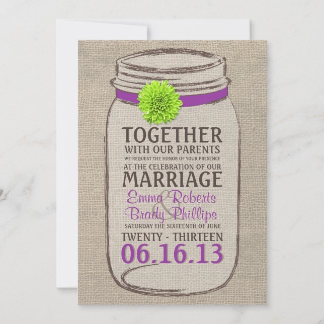 Rustic Purple & Green Mason Jar Wedding Invitation (Front)